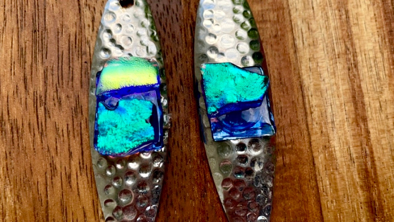 Hammered metal with dichroic glass mixed media earrings