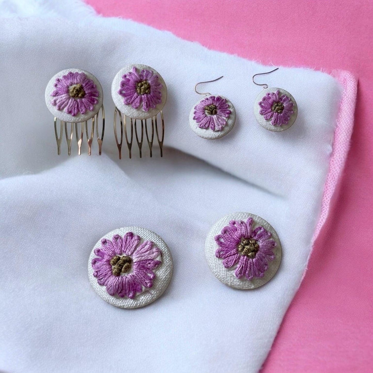 Choice of stud earrings, dangle earrings, hair combs, shanked buttons or pins all handmade from a vintage linen embroidered table runner: