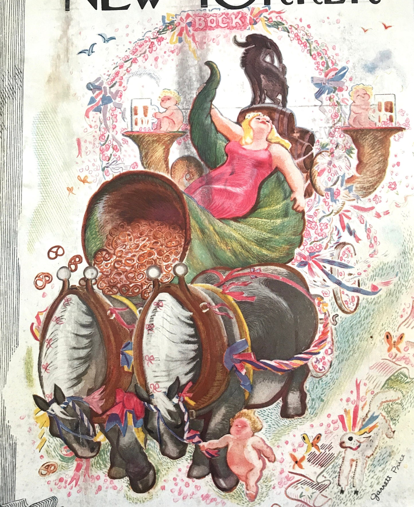 The NEW YORKER Magazine very rare original cover - March 12, 1938 - Garrett Price - Woman on float with beer and cornucopia of pretzels