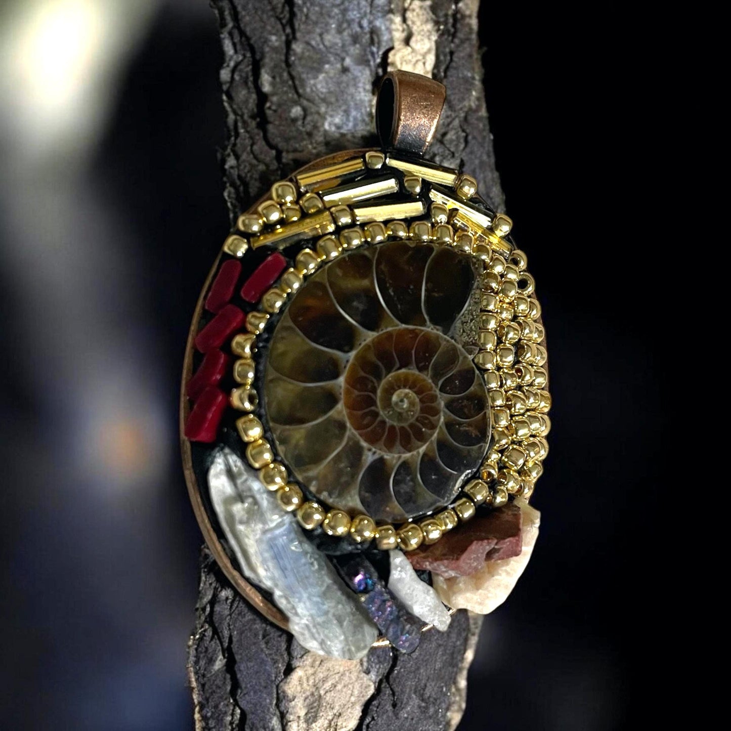Handmade Ammonite Micro Mosaic Necklace –Unique Fossil Jewelry with Hand-Cut Italian red glass Murrini, gold beads and semi-precious stones