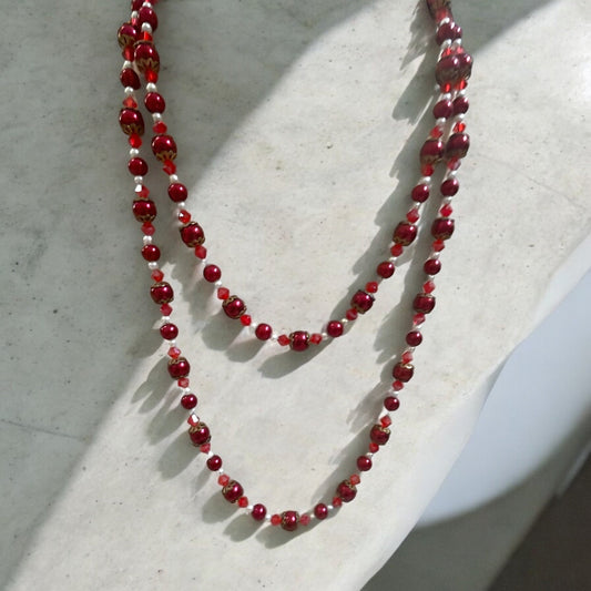 Long vintage red pearl necklace with red bicone crystals and white faux pearls
