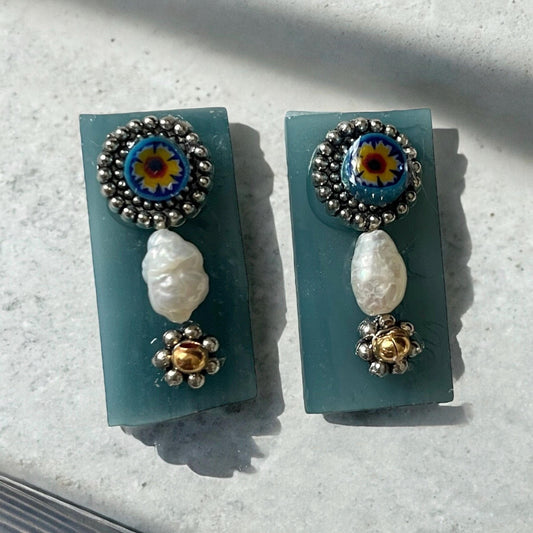 Unique stained glass earrings with Italian millefiori and pearls - stud or dangle earrings
