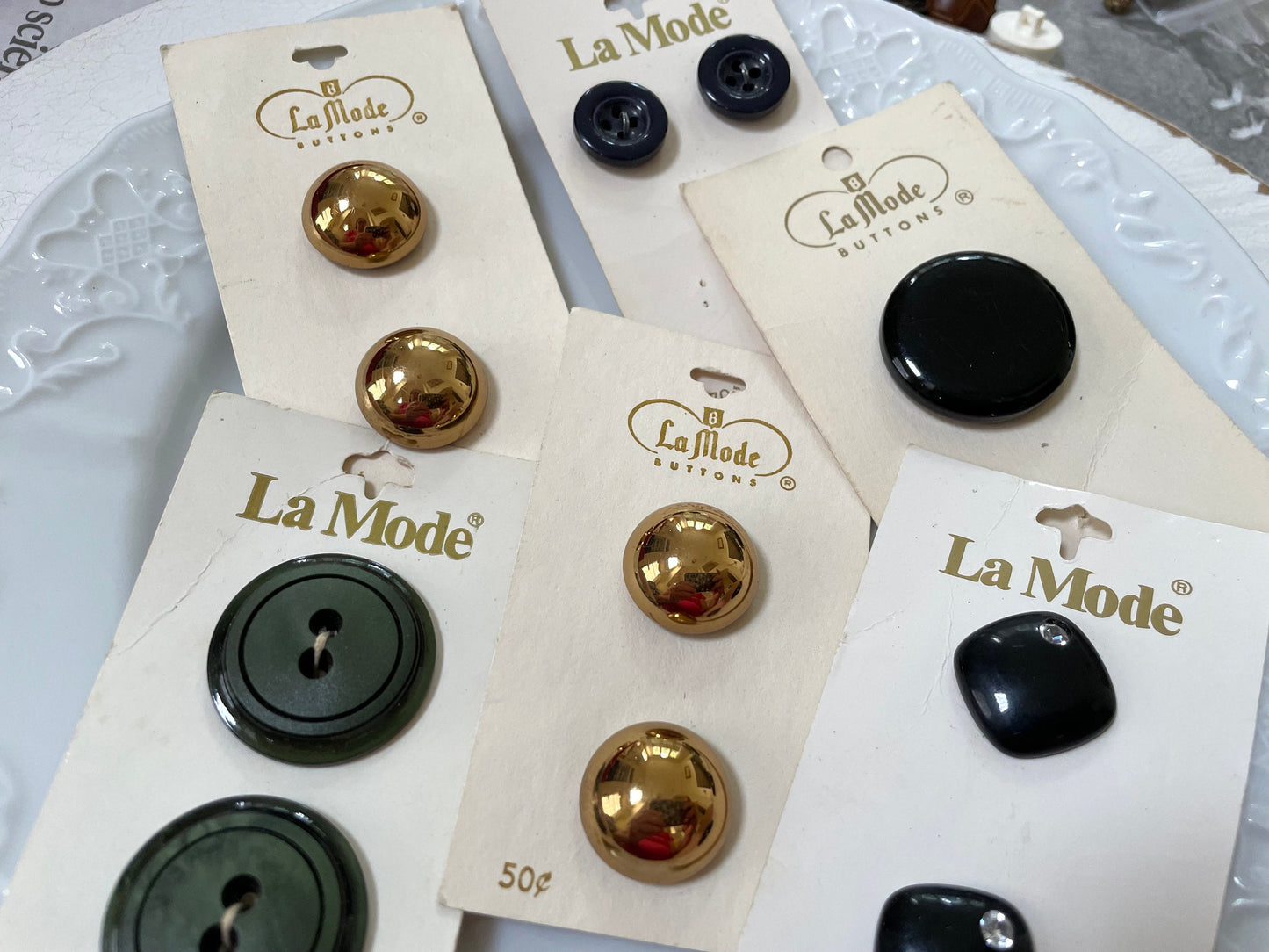Lot of La Mode buttons still on original cards - Made in Holland - Hunter green, black and gold