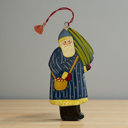 Vintage Hand-Painted Wooden Santa Ornament – 7.5" Tall Folk Art Christmas Decoration