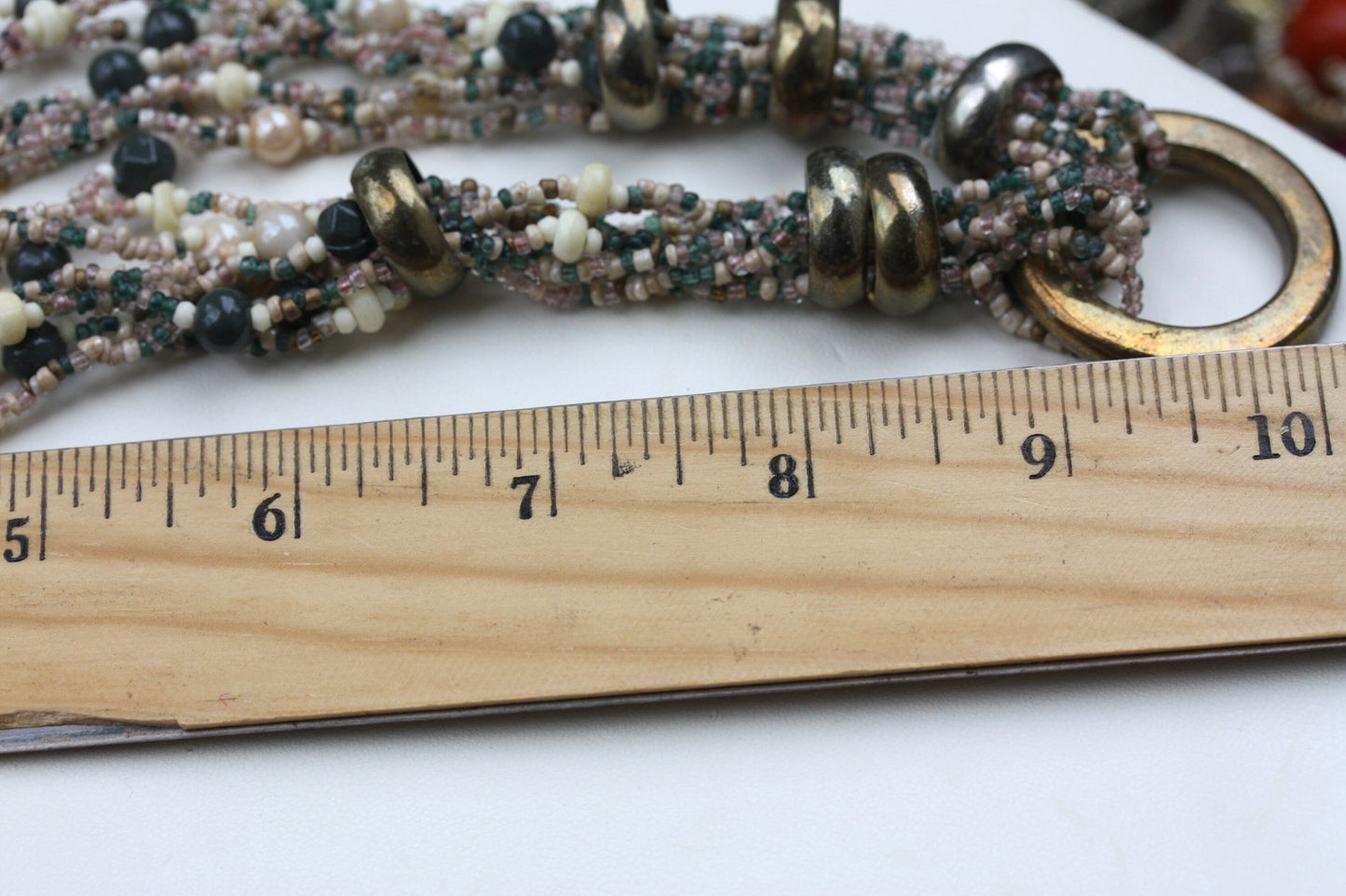 Stunning mixed material -  shades of pink, green and cream multi strand vintage necklace with adjustable hoops