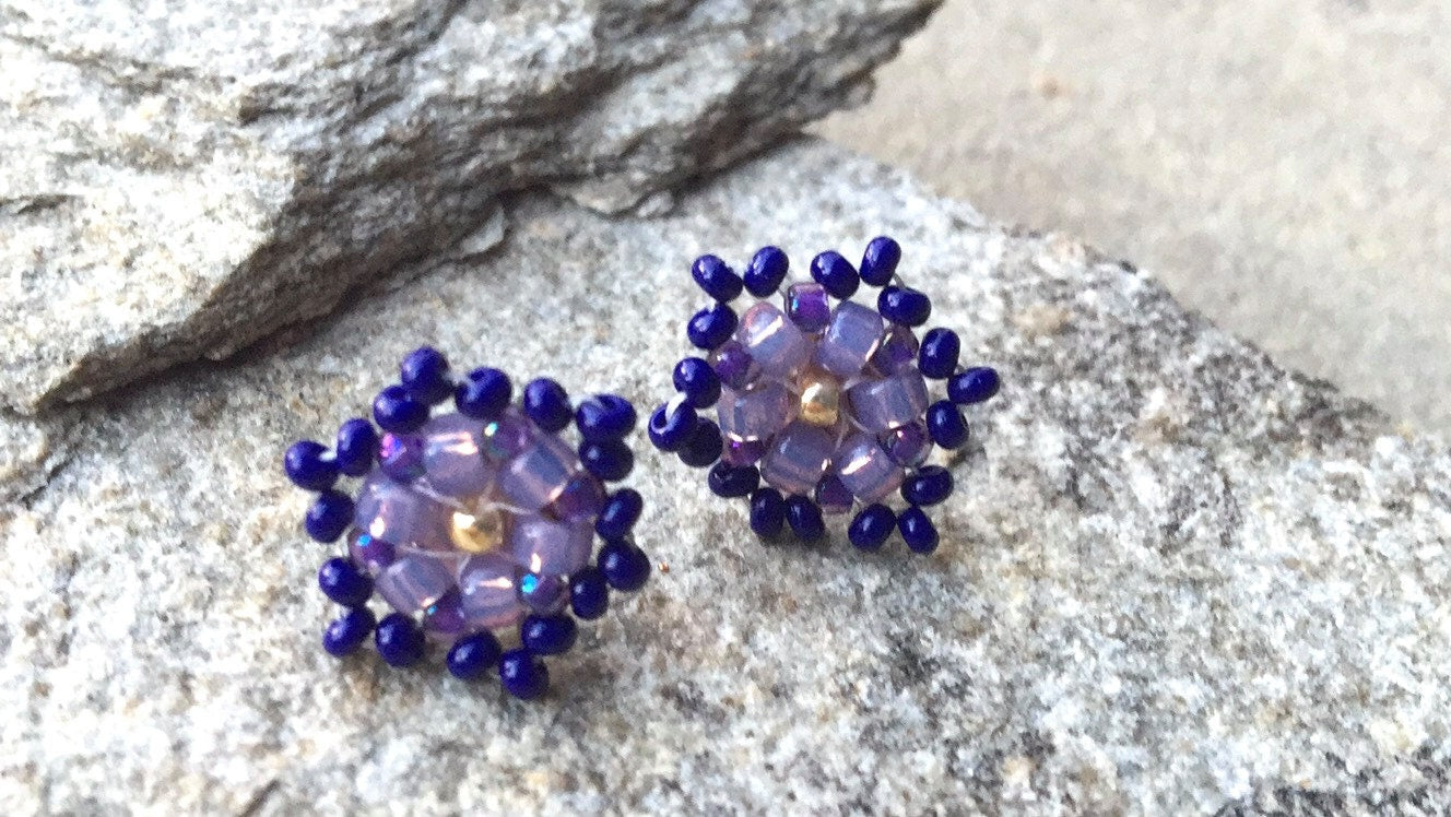 Tiny little hand beaded stud earrings - shades of purple and dark navy blue with goldtone center