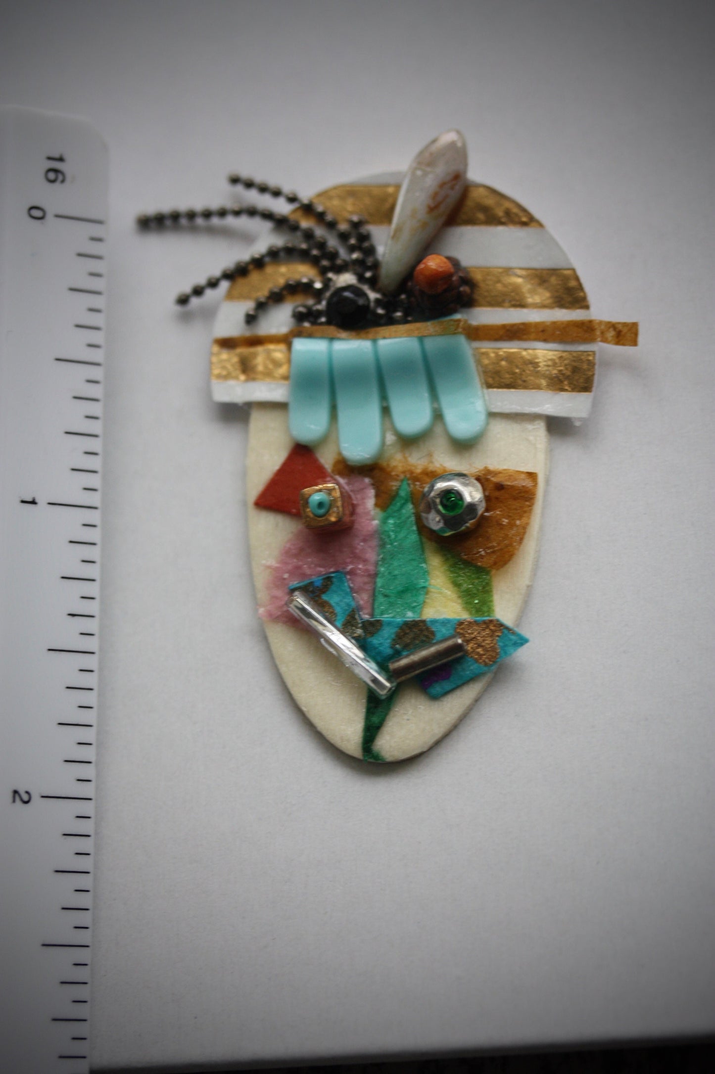 Meet "Bernice" - Assemblage art / mixed media collage - magnet, pin, necklace pendant or hair pin