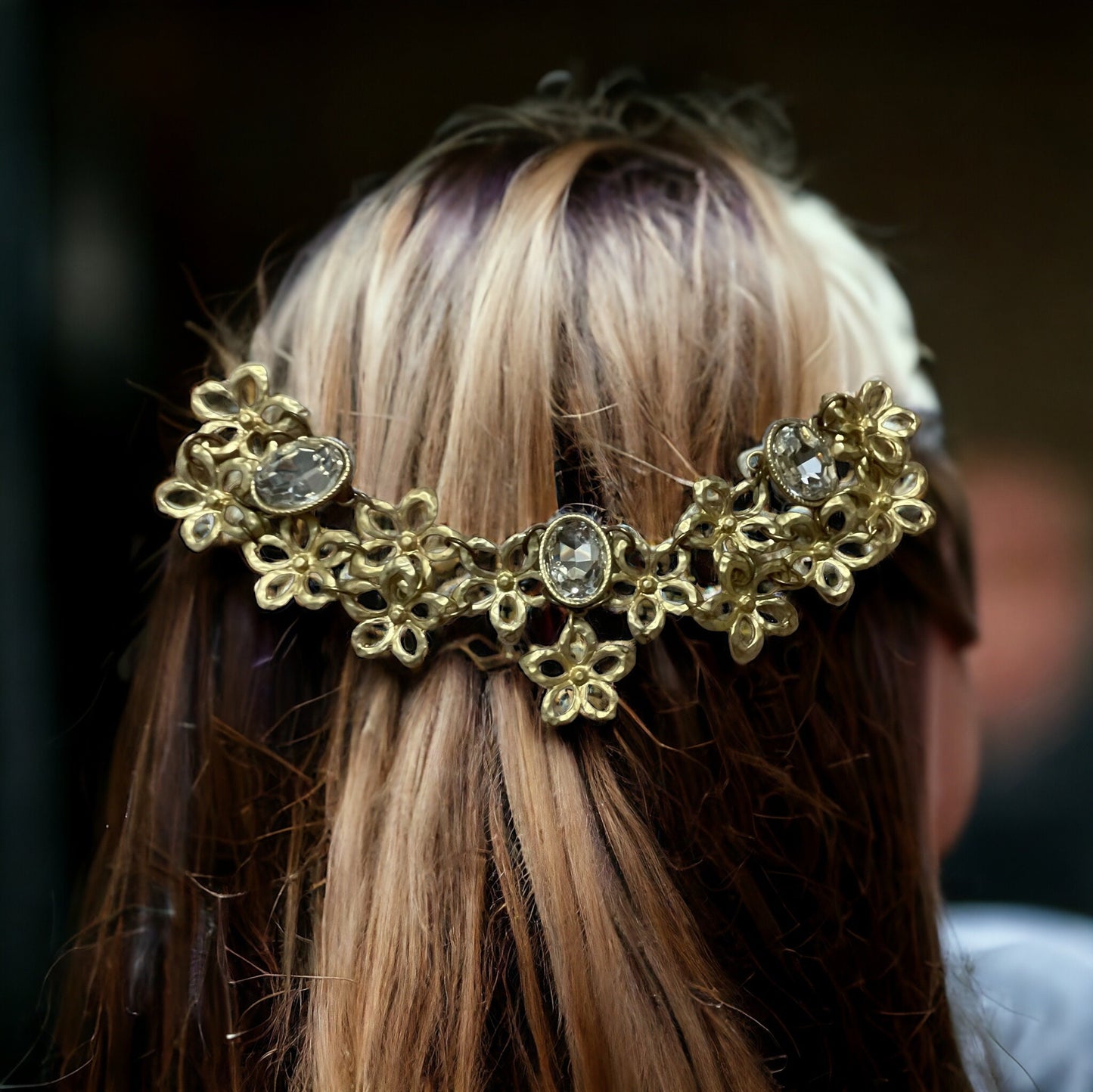 Mixed material upcycled hair accessory - hair clip - gold metal flowers and rhinestones