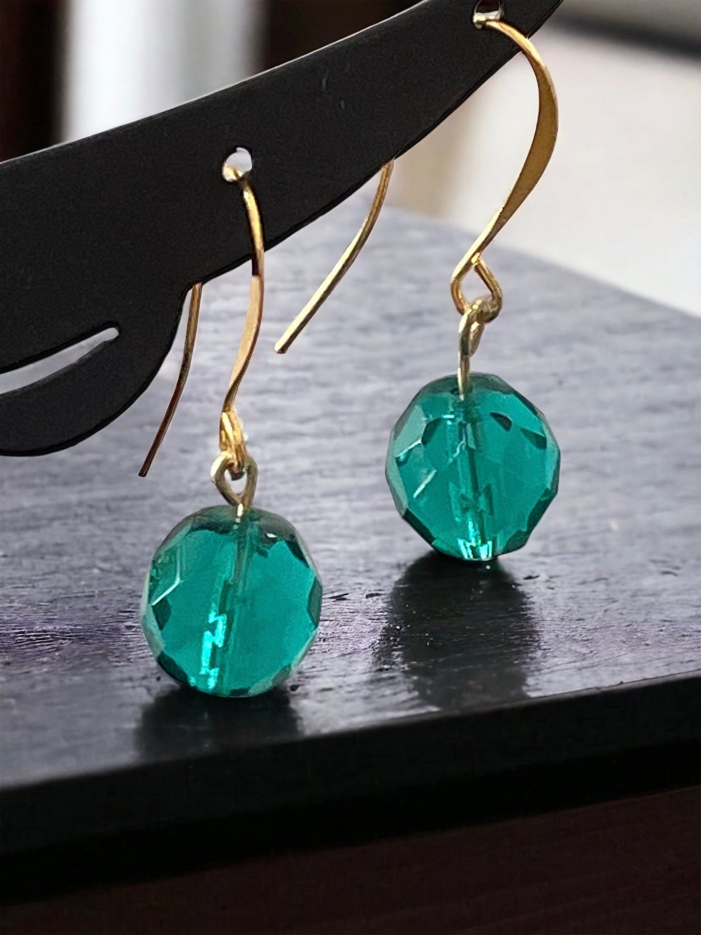 Minimalist turquoise glass crystal dangle earrings with sloped goldstone ear wires
