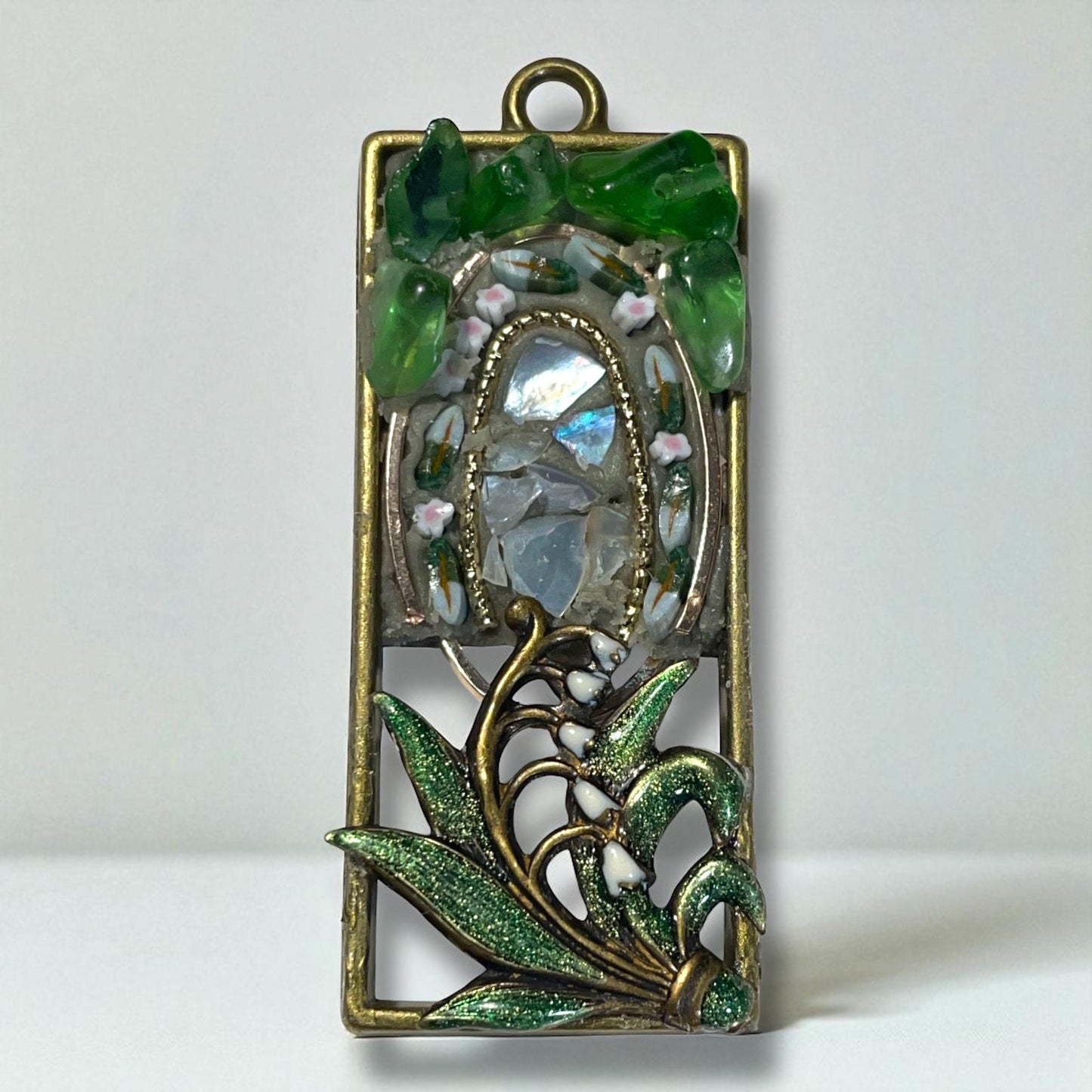Handmade mosaic necklace -Enameled Lily of the Valley, hand cut glass murrini, glass chips & inlaid mother of pearl, matching chain included