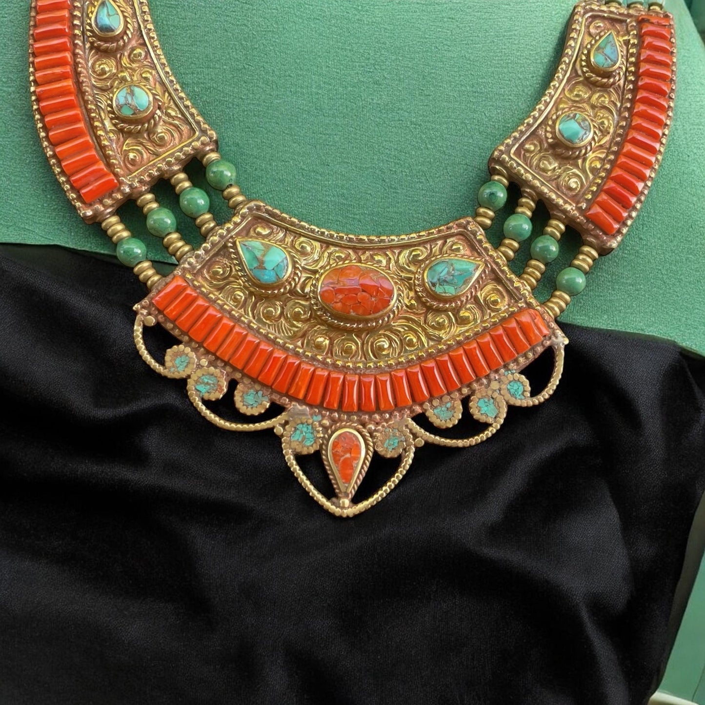 Boho Tribal Statement Necklace | Red Coral Beaded Ethnic Necklace | Tibetan Style Turquoise Brass Necklace | Bold Festival Jewelry