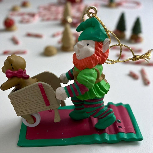 Vintage 1991 National Rennoc Elf & Teddy Bear Christmas Ornament – Wheelbarrow Holiday Decor