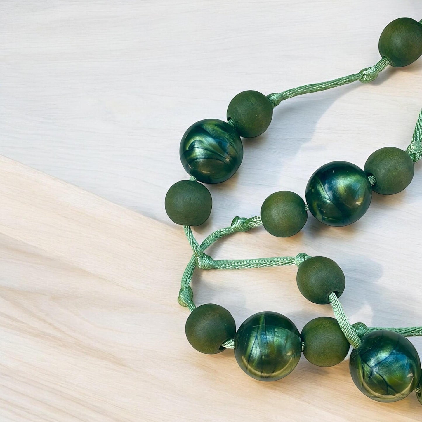 Vintage 33" Green Beaded Necklace – Wood & Plastic Beads – Retro Statement Jewelry – Earthy Boho Chunky Necklace