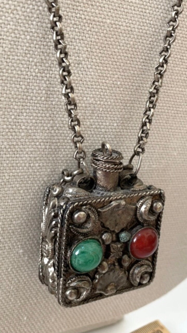 Stunning inlaid gemstone jeweled Tibetan Perfume Bottle Pendant Necklace, prayer box, snuff bottle