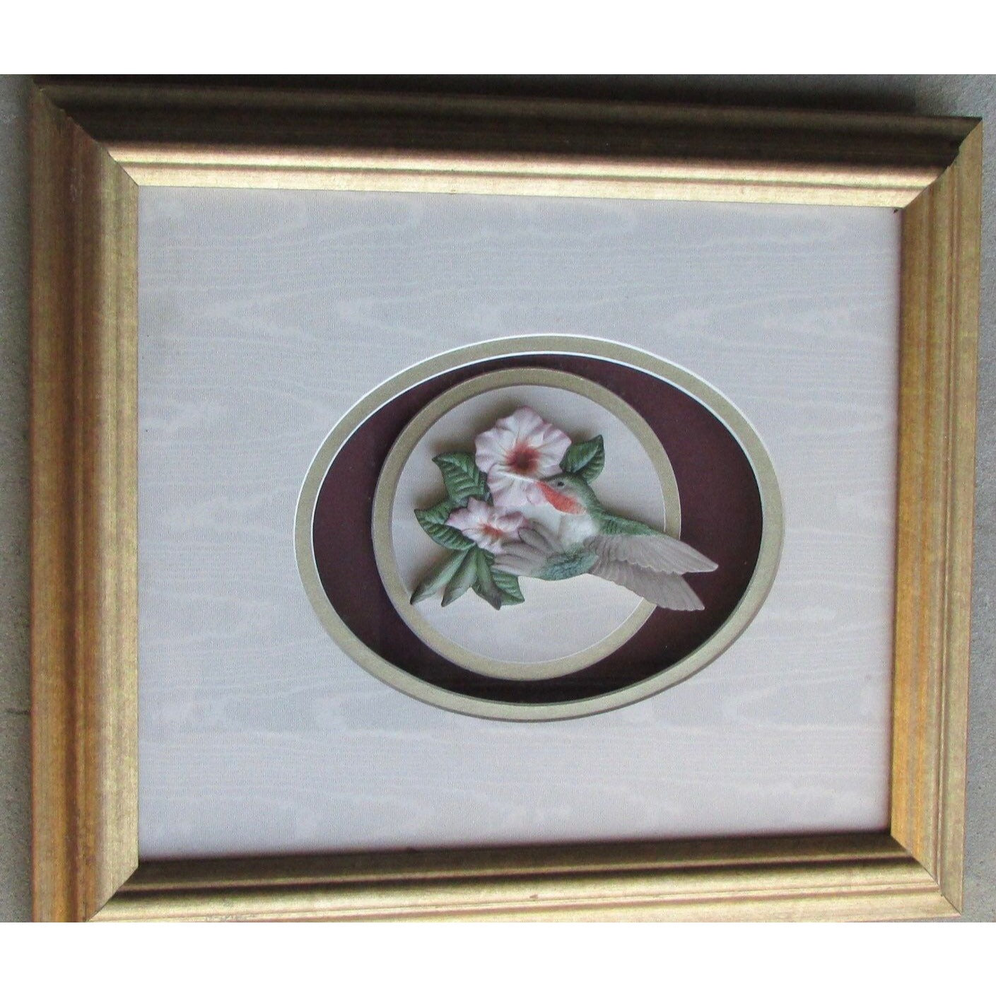 Handmade & framed vintage porcelain hummingbird sculpture by renowned sculptor Ron Goeke