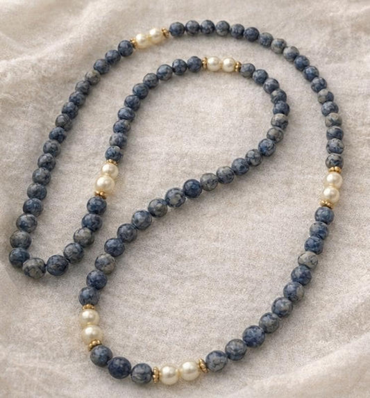 Long Blue Sodalite & Faux Pearl Necklace 32” Vintage Beaded Strand Gold Spacers Layering Statement Jewelry