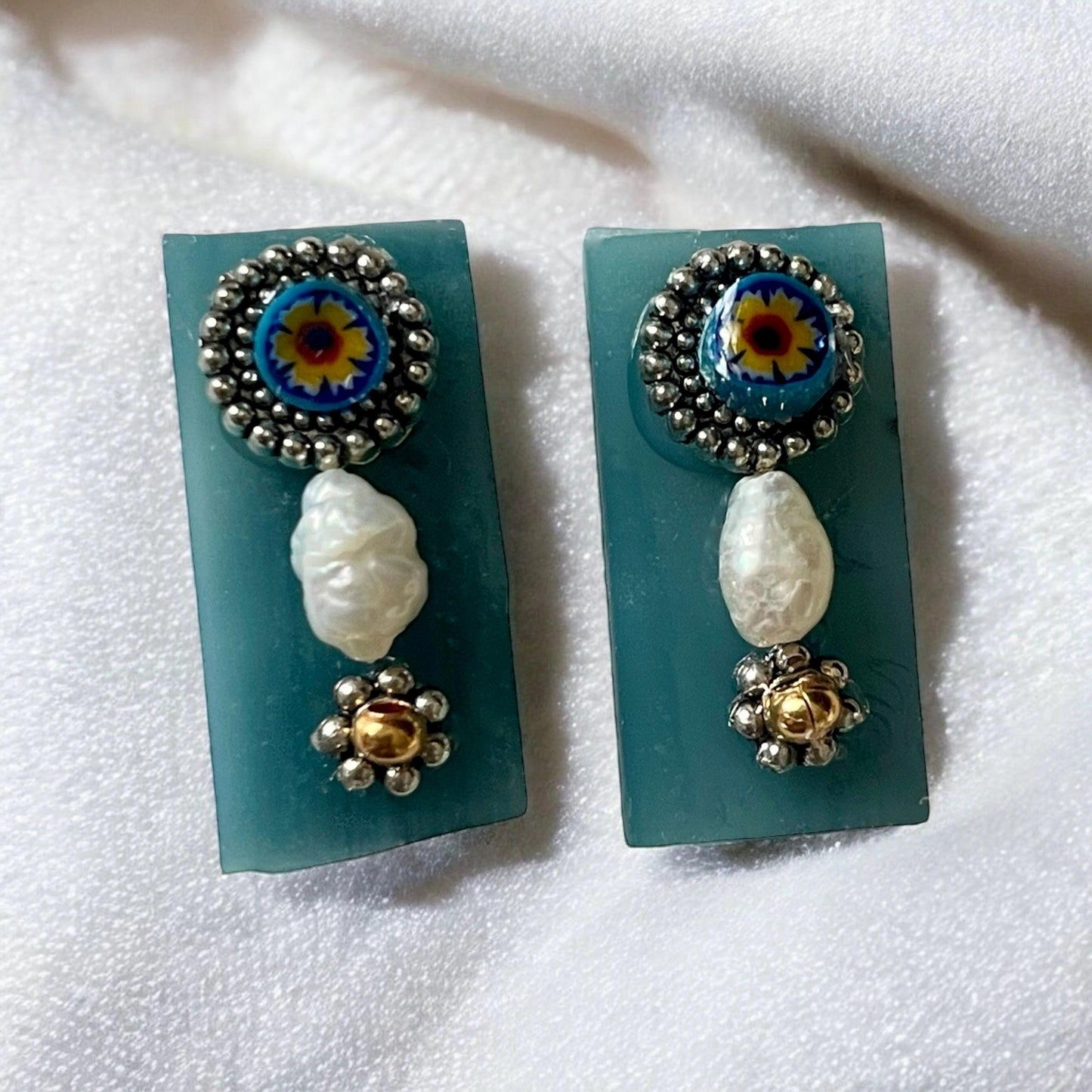 Unique stained glass earrings with Italian millefiori and pearls - stud or dangle earrings