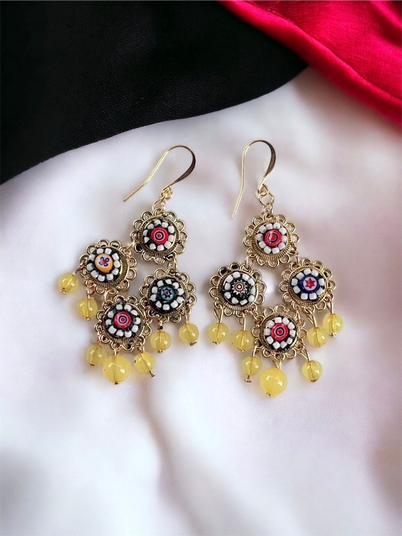 Handmade Italian millefiori mosaic dangle earrings with beads