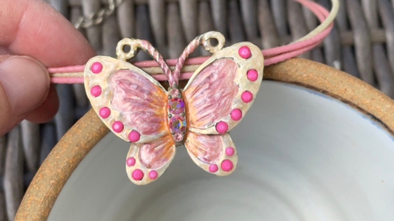 Unique butterfly necklace - pink and cream with pink studs