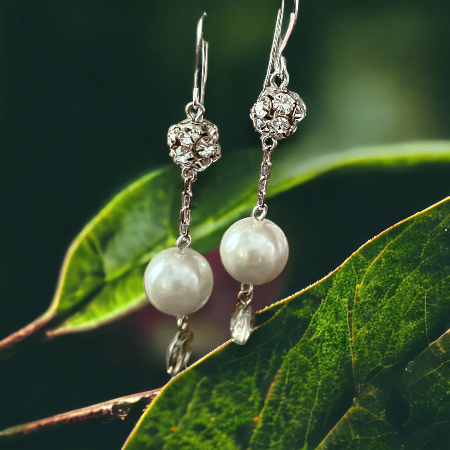 Rhinestone balls and pearls drop dangle earrings - sterling silver ear wires