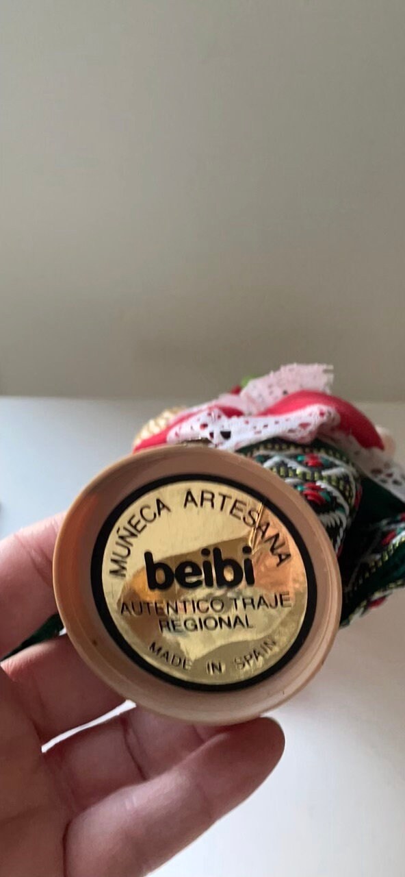 Vintage signed Muneca Artesana Beibi doll figurine - Made in Spain - holding wicker basket with miniature fruit