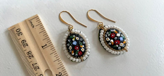 My own handmade Italian style round inlaid micro mosaic glass earrings which I trimmed with beadwork