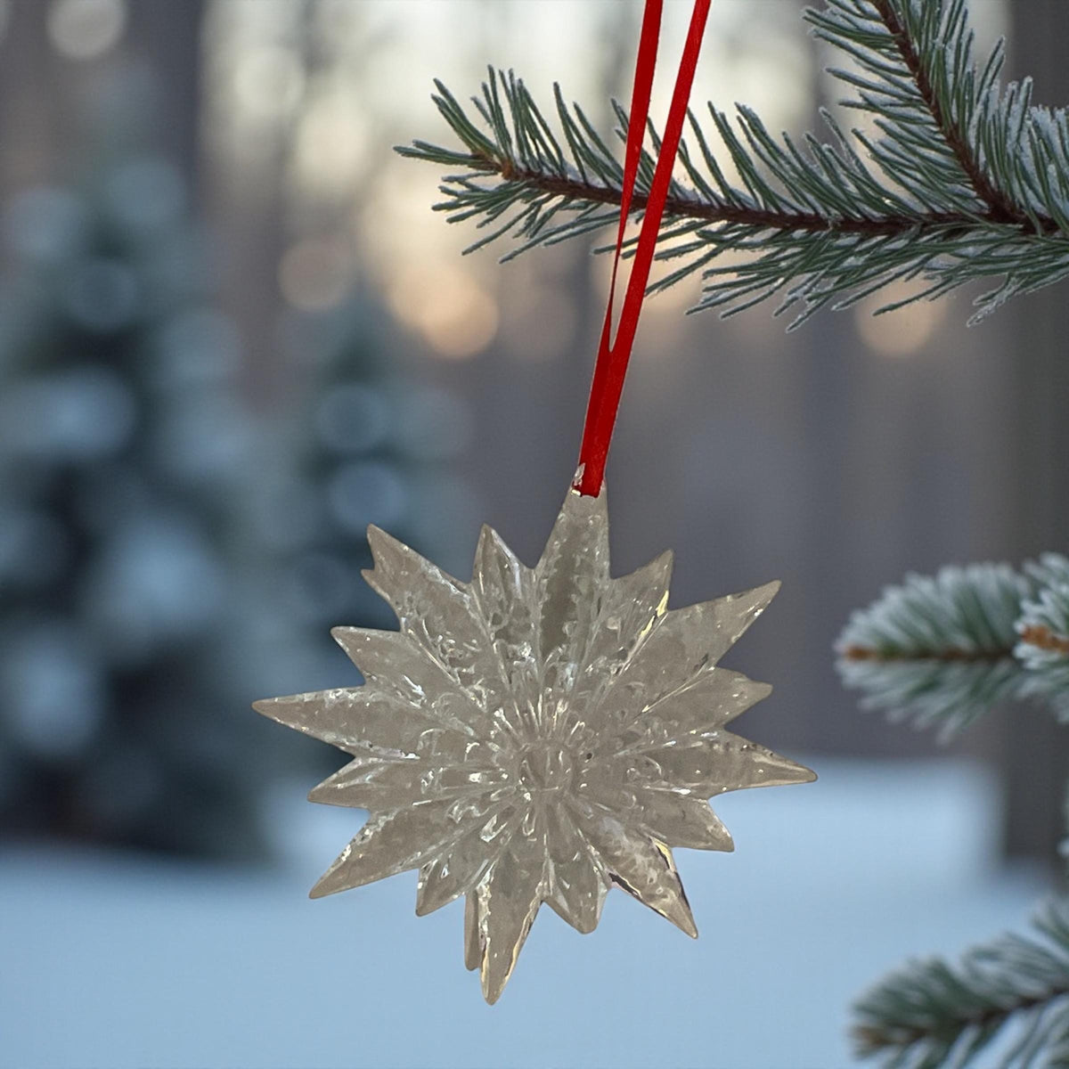 Waterford Crystal Snowstar Starburst Christmas Tree Ornament – Clear Cut Crystal Snowflake with Red Ribbon – Waterford Christmas Decor