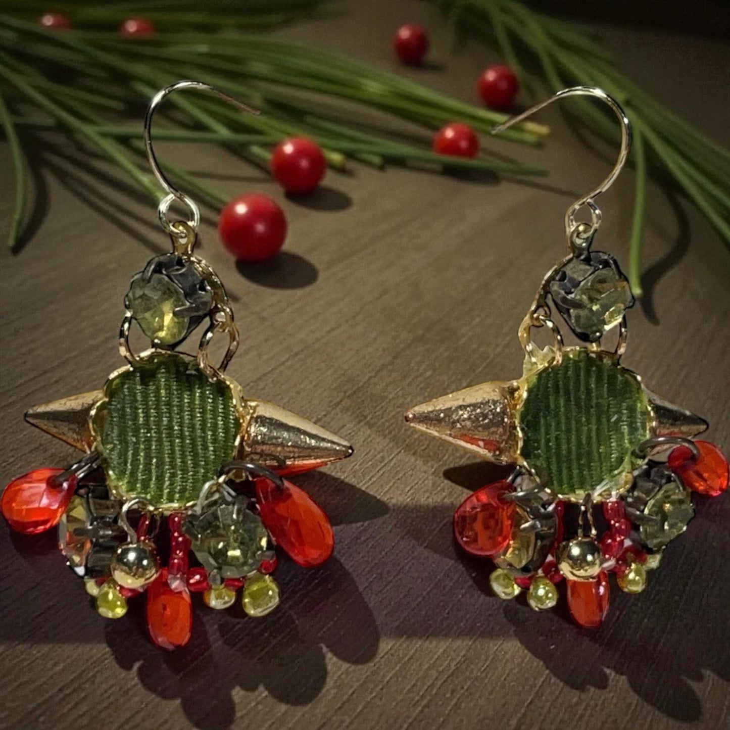 Handmade Mixed-Material Christmas Earrings – Green and Red - includes Fabric, Metal, Faux Crystal and Glass - Holiday Dangles