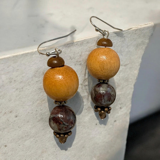 Marble and wood beaded handmade dangle earrings with vintage, upcycled and new elements