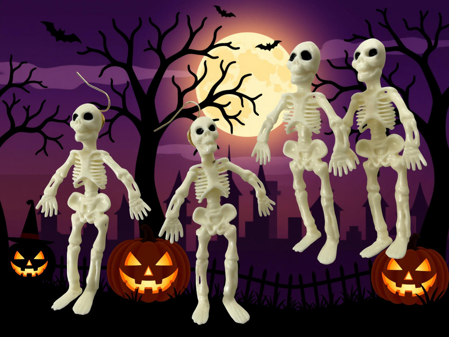 A spooky Halloween scene with four white skeleton figures standing in front of a full moon, silhouetted trees, jack-o-lanterns, and bats flying overhead.