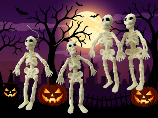 A spooky Halloween scene with four white skeleton figures standing in front of a full moon, silhouetted trees, jack-o-lanterns, and bats flying overhead.