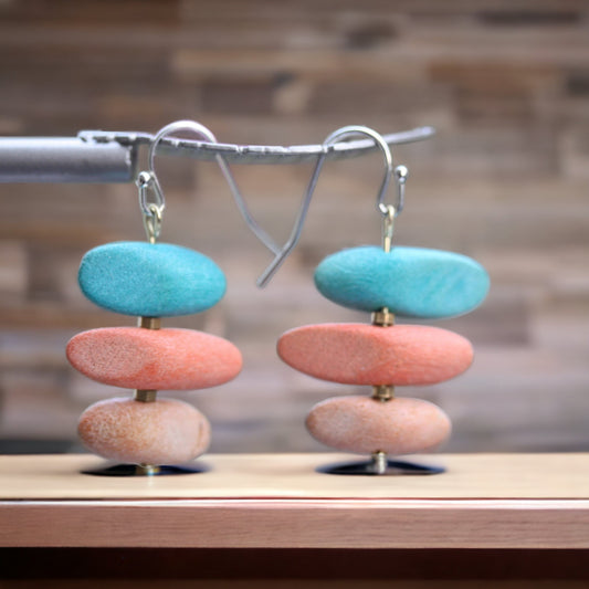 Turquoise and terra cotta colored dyed vintage drfitwood and metal spacers handmade dangle earrings