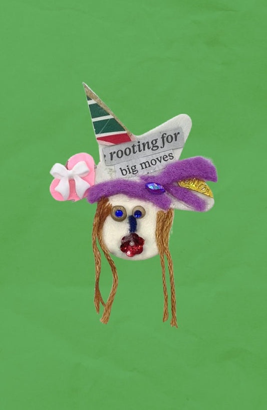 Rooting for Big Moves - My funny face assemblage art / mixed media collage - can be ordered as a magnet or pin - great as a gift