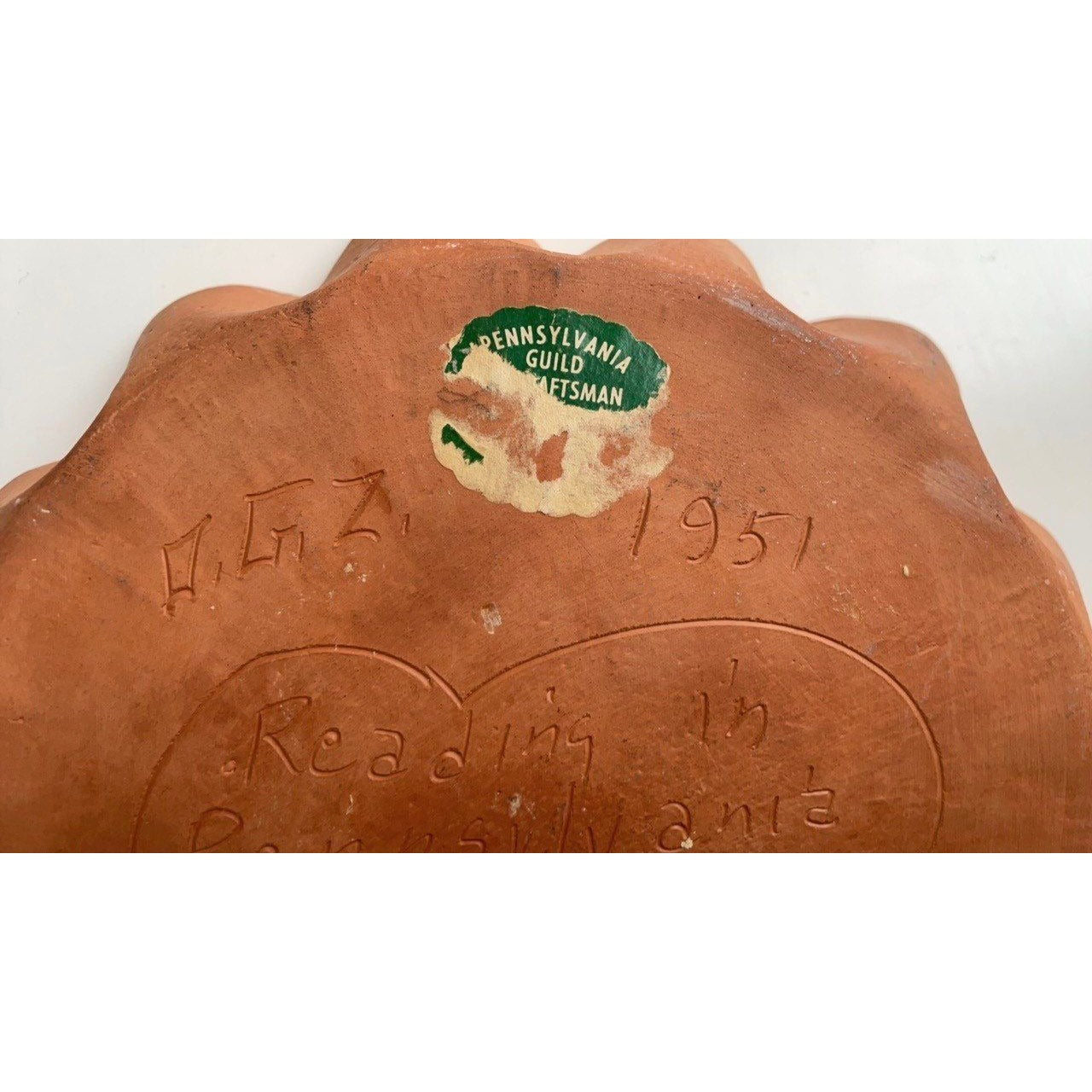 Rare MCM Redware pottery dish Handmade/signed and inscribed pottery dish made by Pennsylvania Dutch Guild Potter - with rare original label