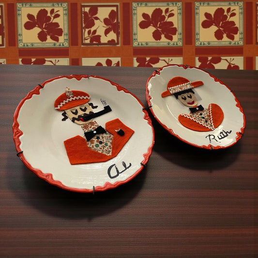Vintage Felt Art Wall Plates, Retro Folk Art, Mid Century Wall Hanging Set - possibly the most charming portrait plates!  Meet RUTH & AL