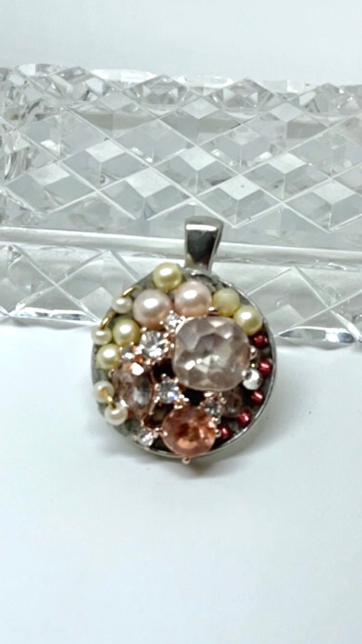 Inlaid faux pearls and rhinestones handmade mosaic necklace pendant - angel  - mixed materials