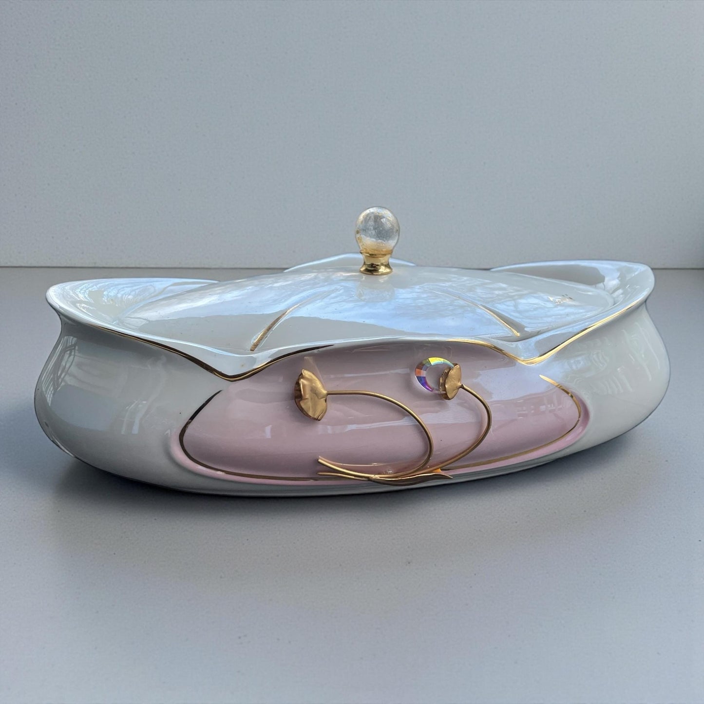 Carpie Sele-Arte Nove Italy Art Pottery Jewelry Box – Glazed Italian Ceramic Trinket Box with Gold & Crystal Accent - Stunning/Rare