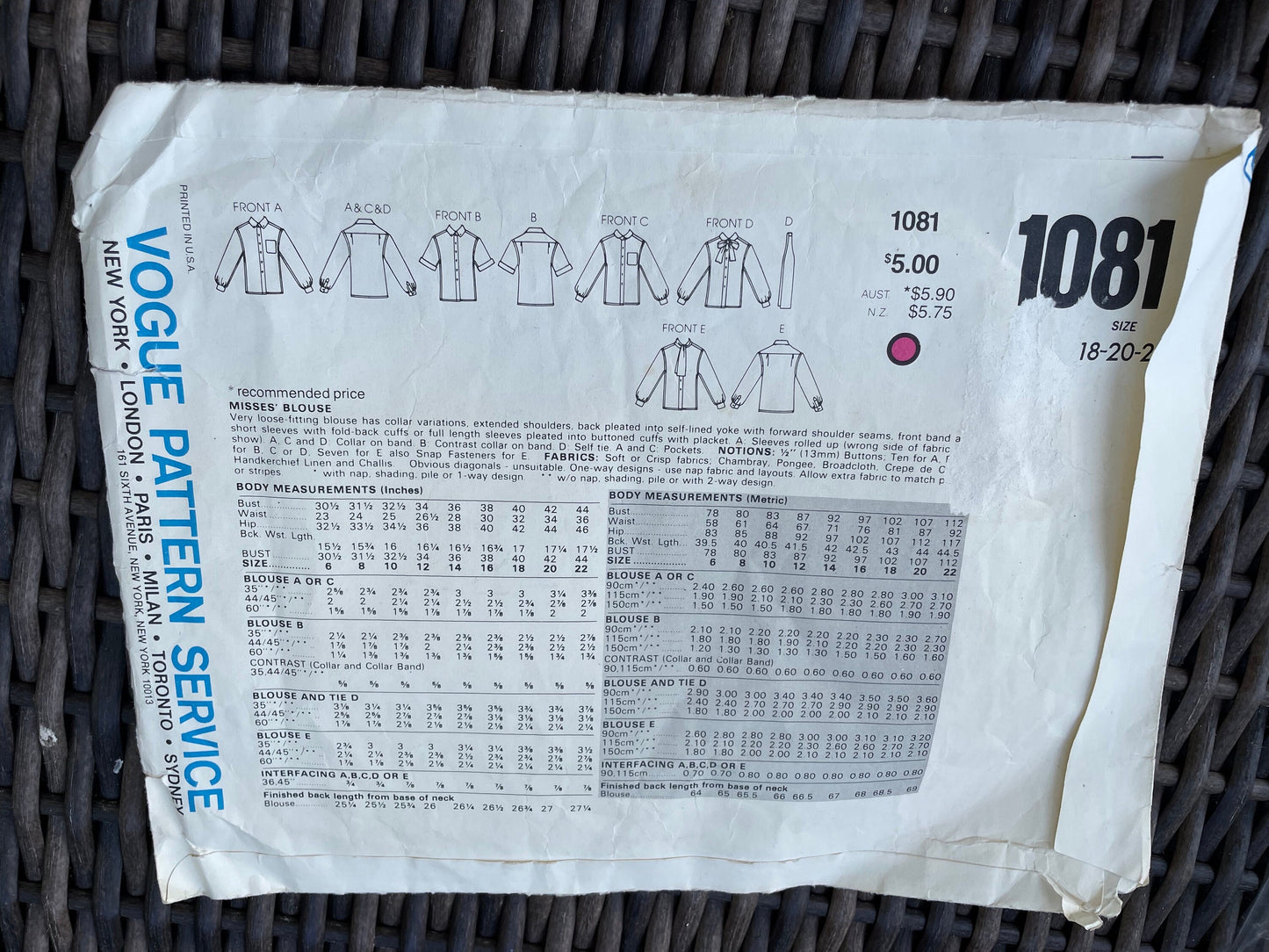 UNCUT Vintage Sewing Pattern from 1983 - Vogue's Basic Design 1081 Misses Blouse - Sizes 18, 20, 22