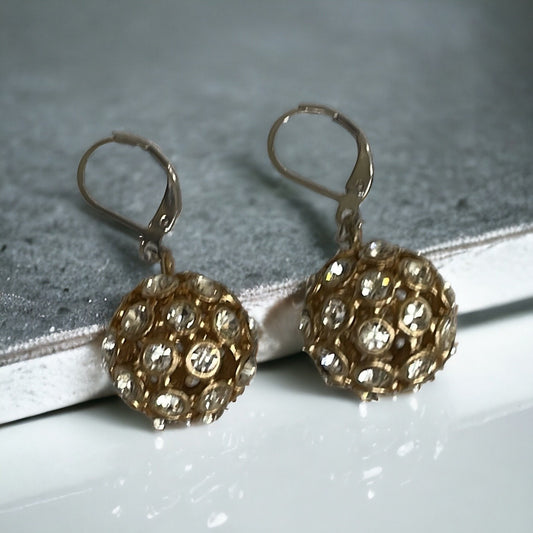 Inlaid rhinestone studded gold ball earrings