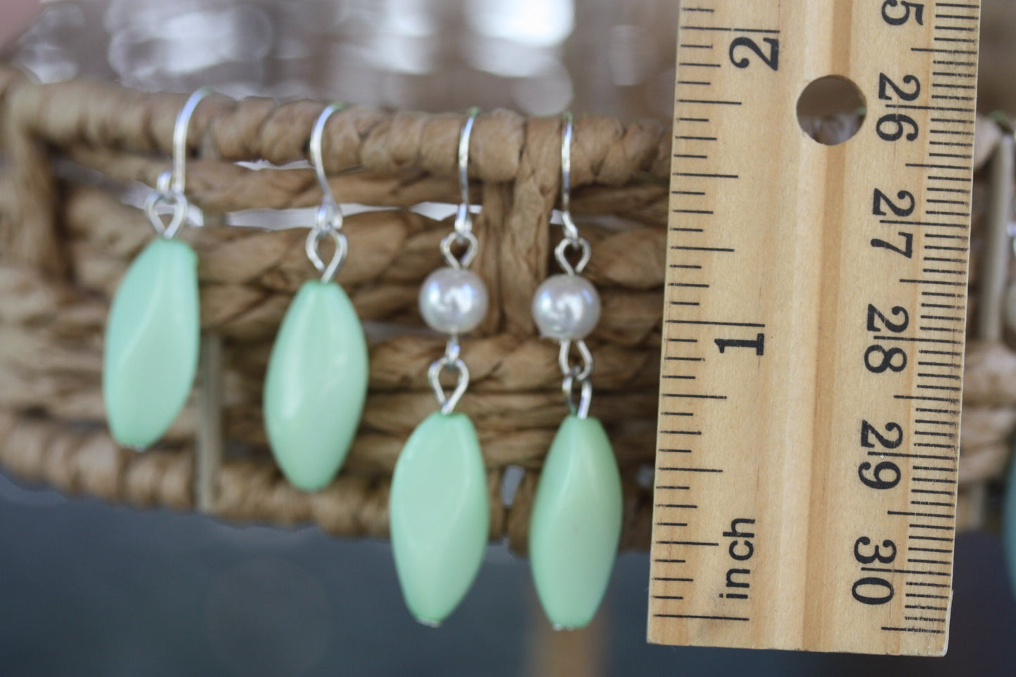 Simple upcycled seafoam green, blue and pearl dangle earrings