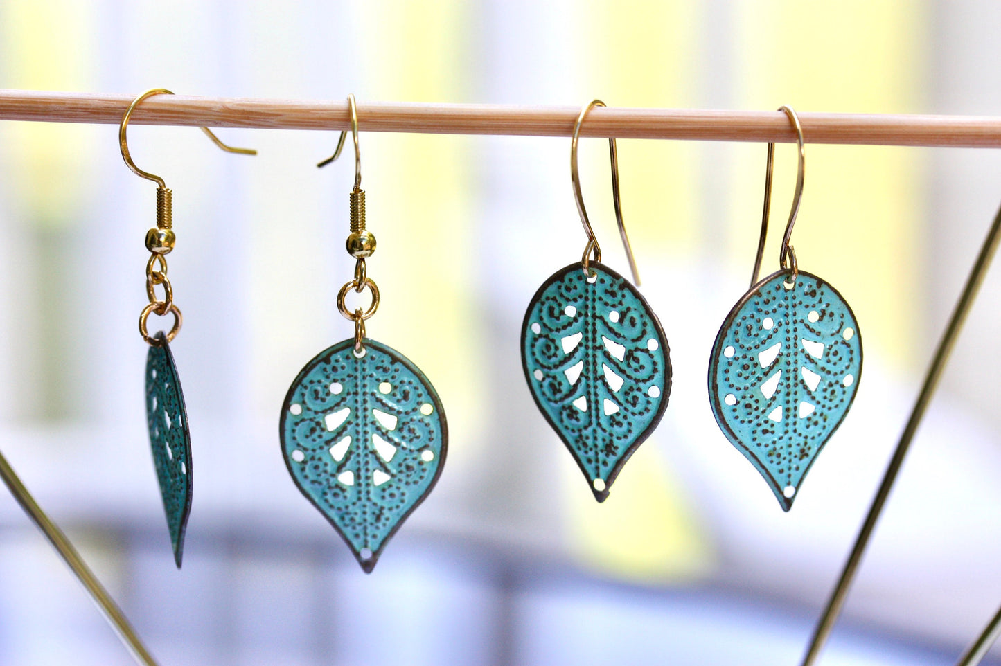 Turquoise patina upcycled dangle leaf earrings