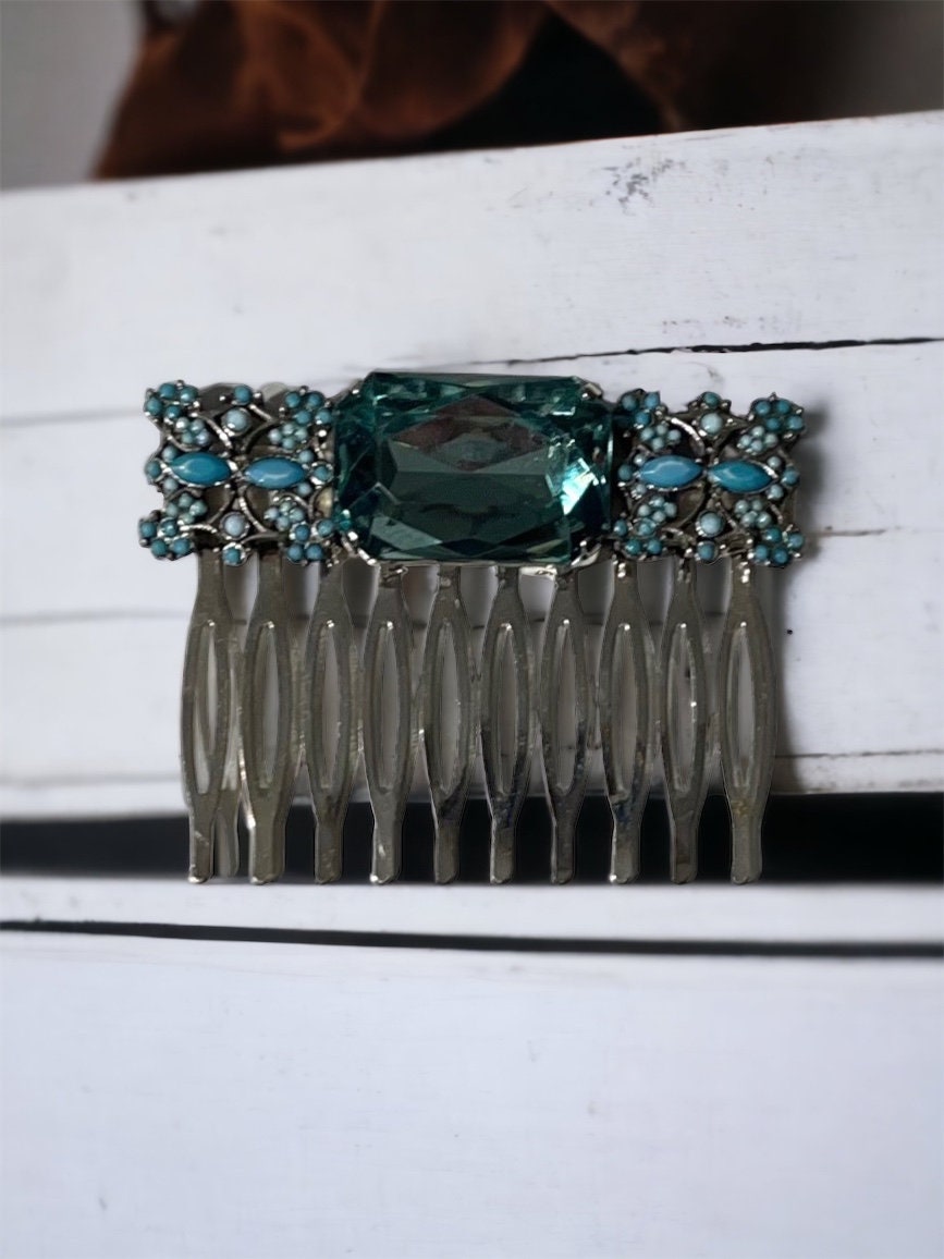 One-of-a-kind hand beaded hair comb - with turquoise faux stones and matching large rhinestone center