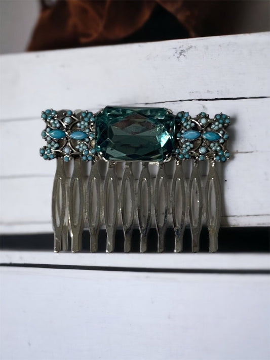 One-of-a-kind hand beaded hair comb - with turquoise faux stones and matching large rhinestone center