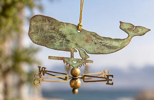 Vintage Whale Weathervane Ornament | Verdigris Copper Nautical Folk Art | Miniature Coastal Hanging Decor