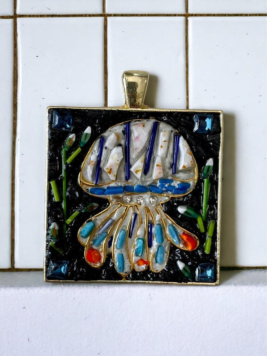 Jellyfish Pendant Necklace: Handcrafted Micro Mosaic Art (Swarovski and Millefiori Glass)