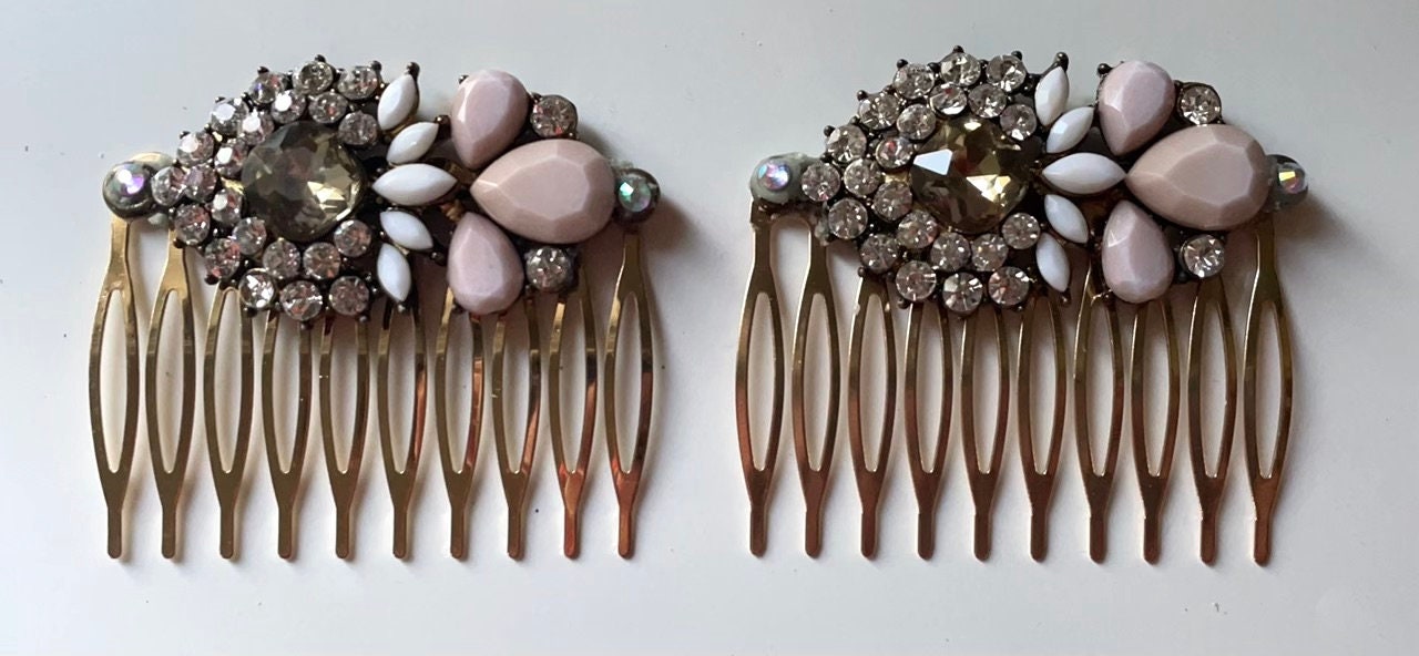 Ornate rhinestone hair combs - Mixed Material Mosaic / collage Assemblage art - made from upcycled jewelry components
