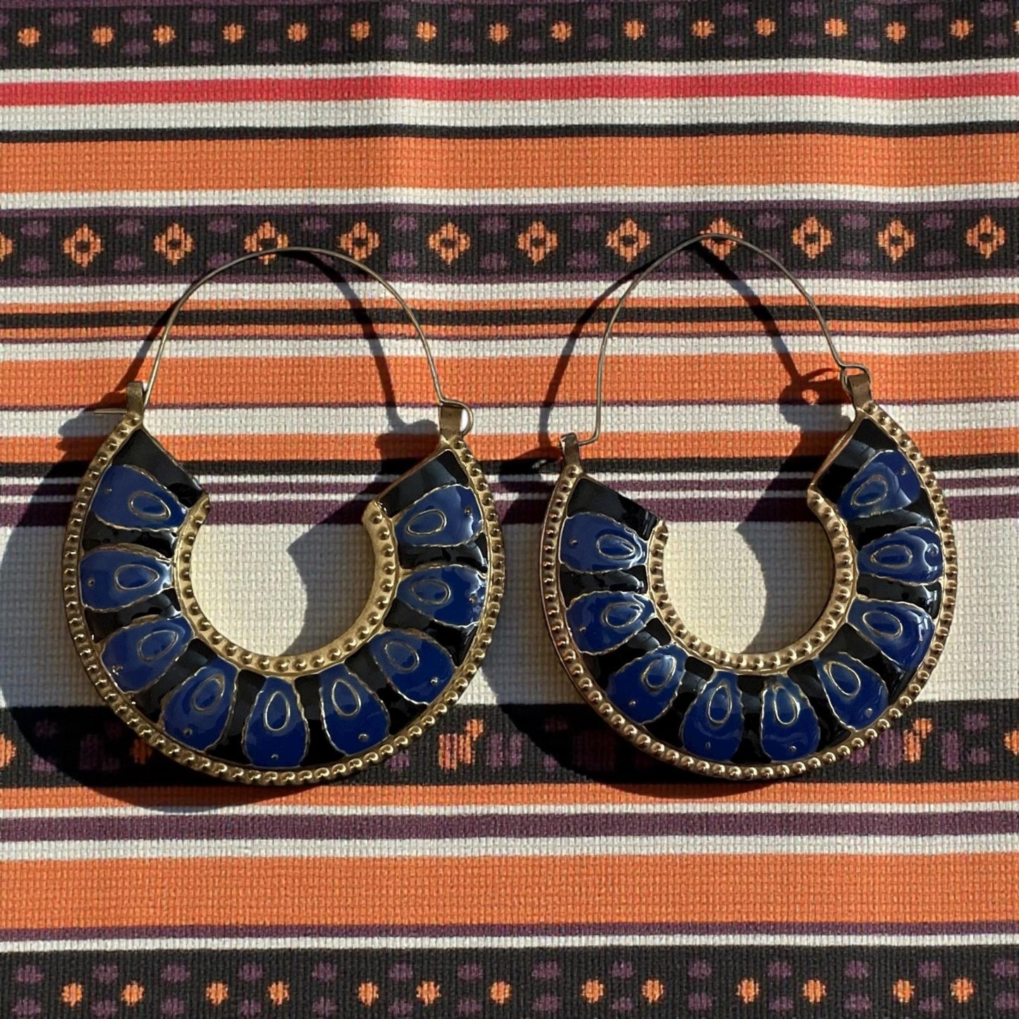 Vintage Brass & Blue Enamel Hoop Earrings – Boho Tribal Style Statement Earrings, Retro Artisan Jewelry