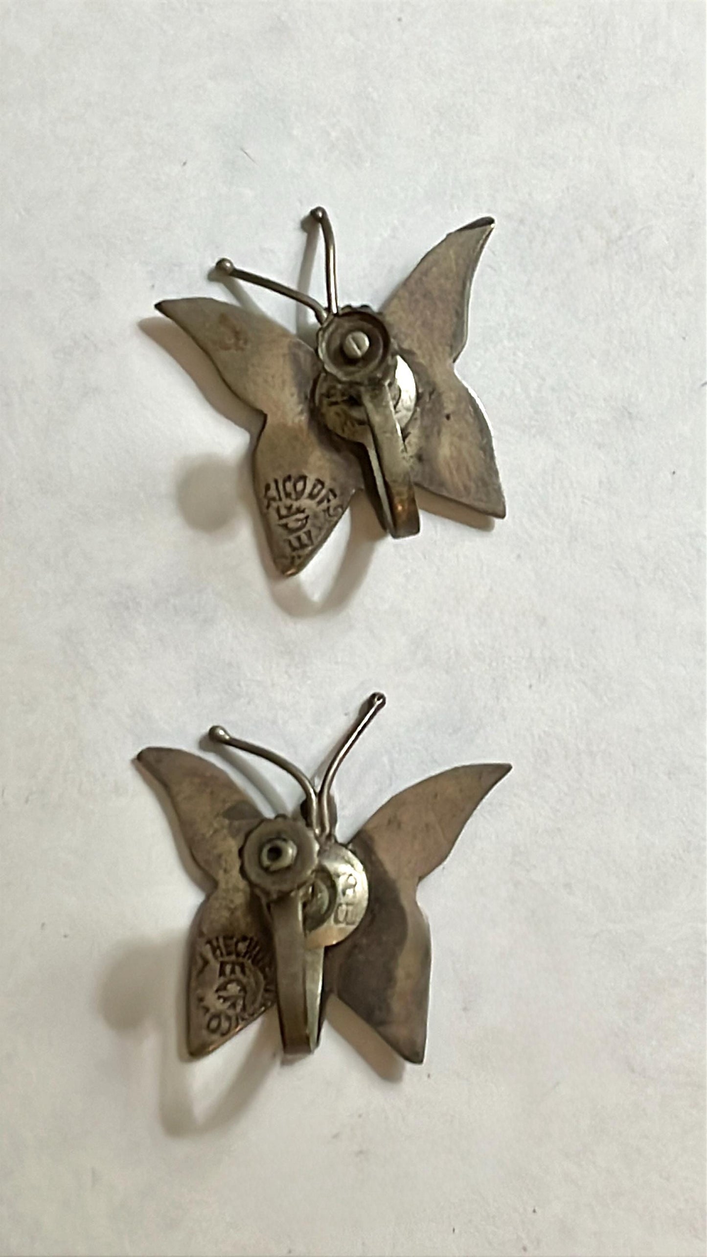 Vintage Abalone Butterfly Earrings signed Hecho en Mexico Screwback Mexican Silver Tone Shell Inlay Mid Century Nature Jewelry