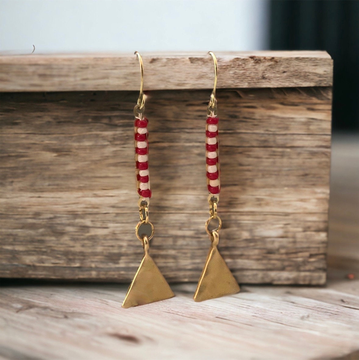 Charming little Christmas dangle earrings - red and white seed beads with hammered goldtone abstract Christmas tree