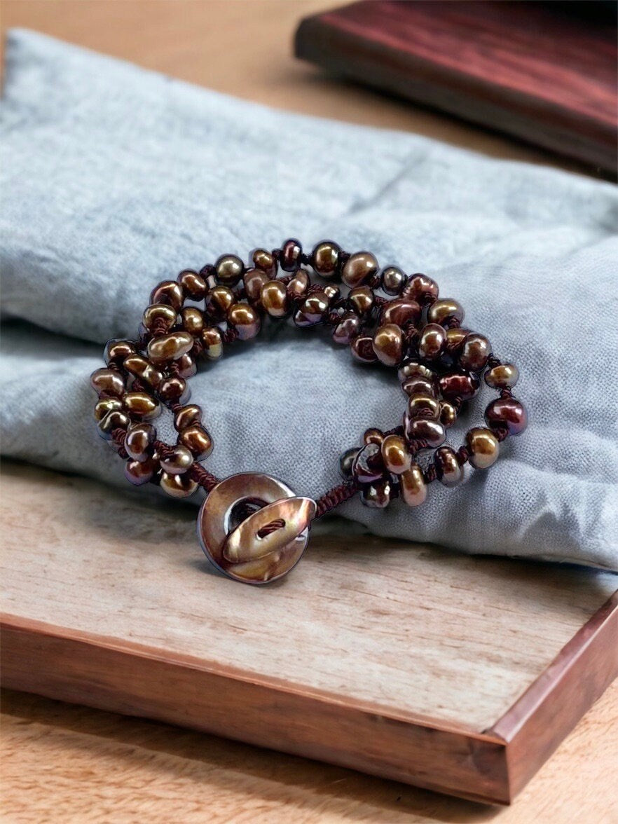 Stunning bronze pearl vintage bracelet - three strands of freshwater pearls